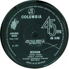 JACKIE LYNTON Decision / Sporting Life (Columbia DB 8180) UK 1967 45 (Pop Rock)